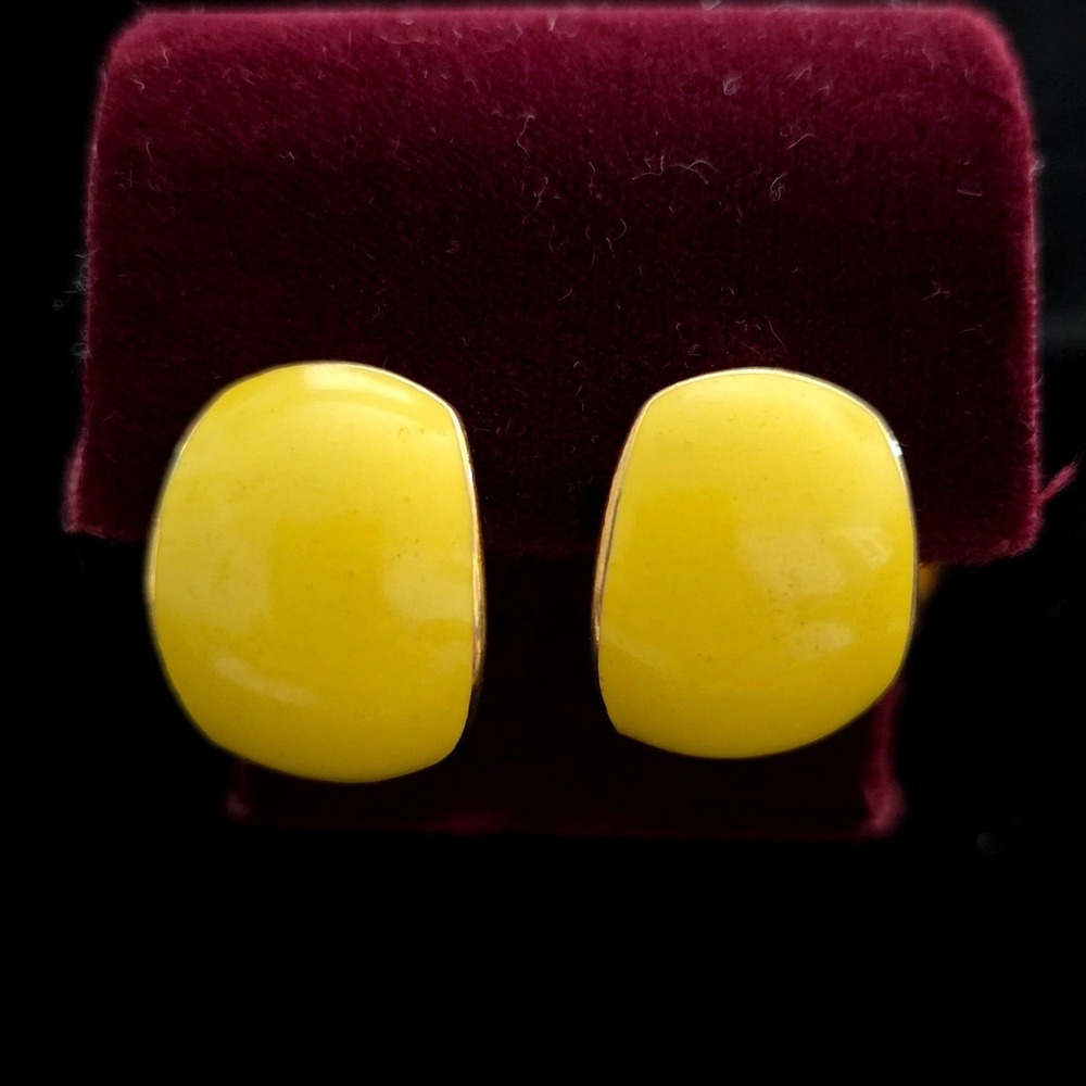 VTG Napier Yellow Enamel Gold Tone J-Hoop Post Earrings Retro Statement